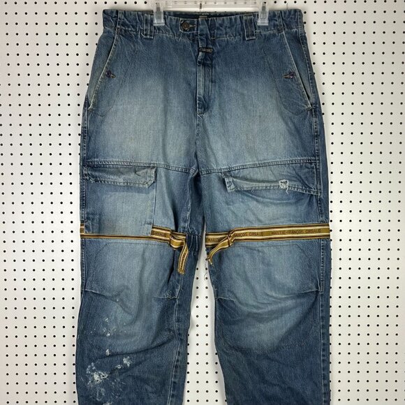 Girbuad Baggy Shuttle Tape Jeans 40x34 RARE Hip Hop 90s Blue Gold Tupac Distress - Picture 2 of 9